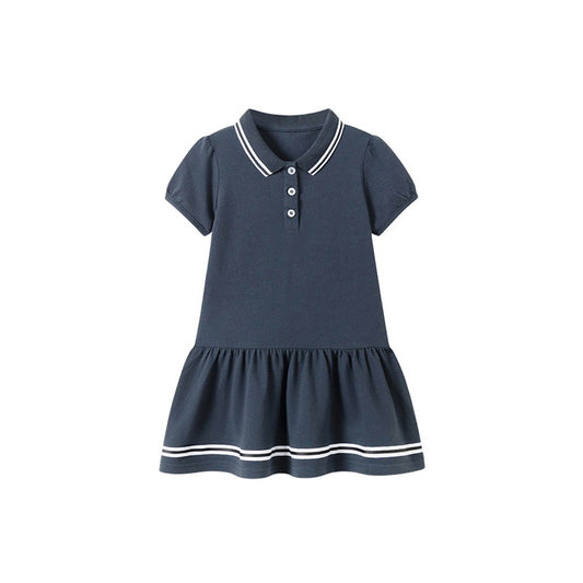 Striped Short Sleeves Turn-down Collar Dress for Stylish Girls