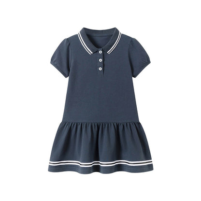 Striped Short Sleeves Turn-down Collar Dress for Stylish Girls