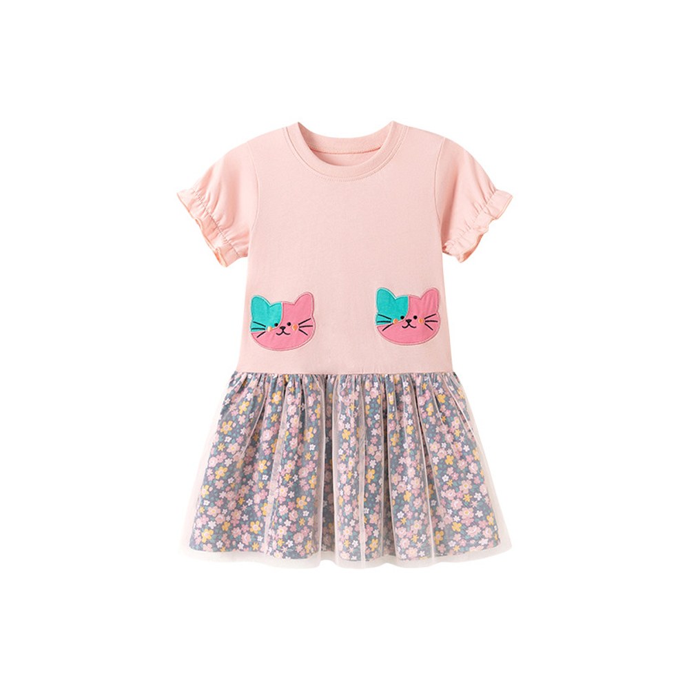 Cartoon and Floral Pattern Short Sleeves Dress for Stylish Girls