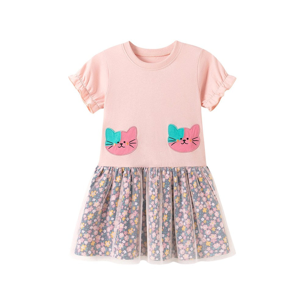 Cartoon and Floral Pattern Short Sleeves Dress for Stylish Girls