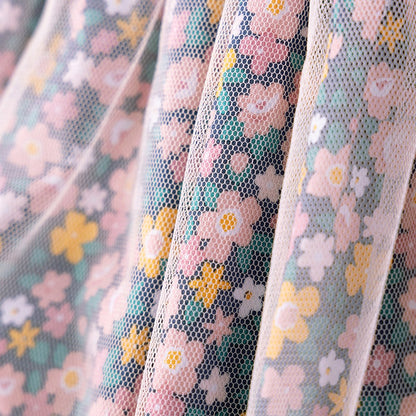 Cartoon and Floral Pattern Short Sleeves Dress for Stylish Girls