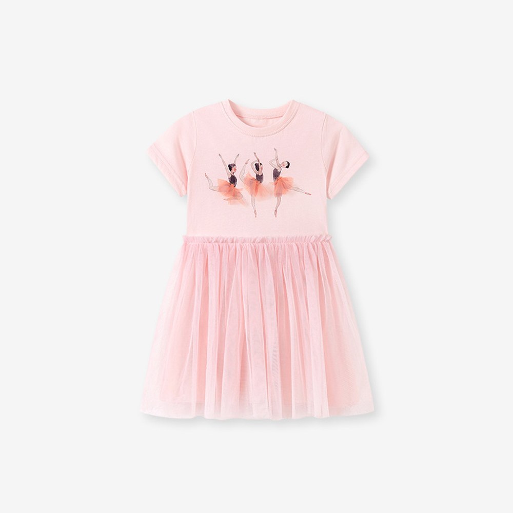 Cartoon Pattern Short Sleeves Tulle Patchwork Dress for Stylish Girls