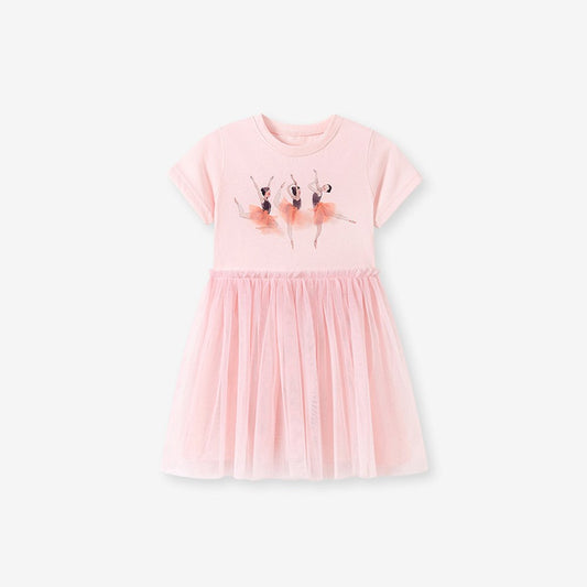 Cartoon Pattern Short Sleeves Tulle Patchwork Dress for Stylish Girls