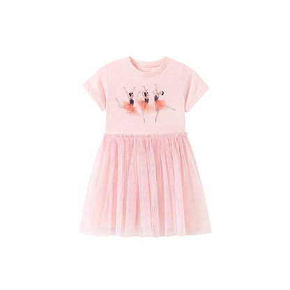 Cartoon Pattern Short Sleeves Tulle Patchwork Dress for Stylish Girls