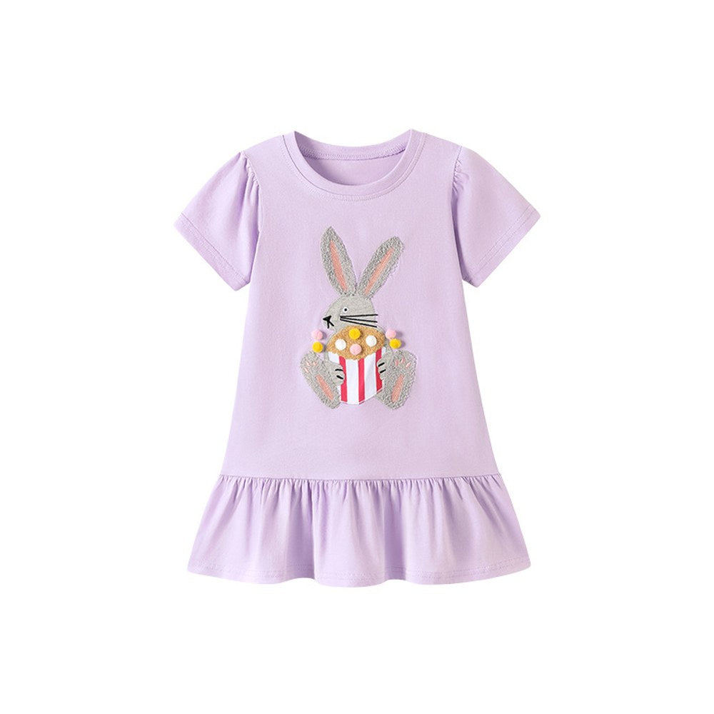 Animals Cartoon Pattern Short Sleeves Dress for Stylish Girls