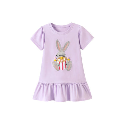 Animals Cartoon Pattern Short Sleeves Dress for Stylish Girls