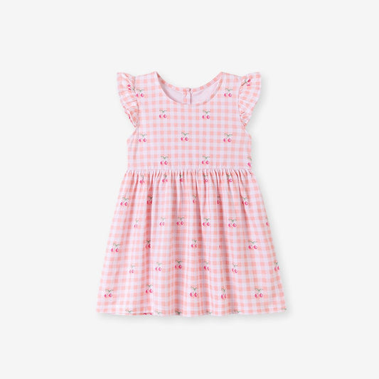 Cherry and Plaid Pattern Fly Sleeves Dress for Stylish Girls
