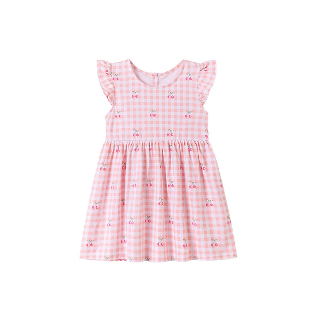 Cherry and Plaid Pattern Fly Sleeves Dress for Stylish Girls