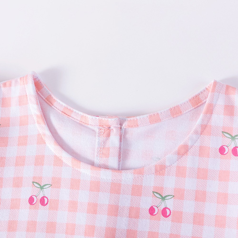 Cherry and Plaid Pattern Fly Sleeves Dress for Stylish Girls