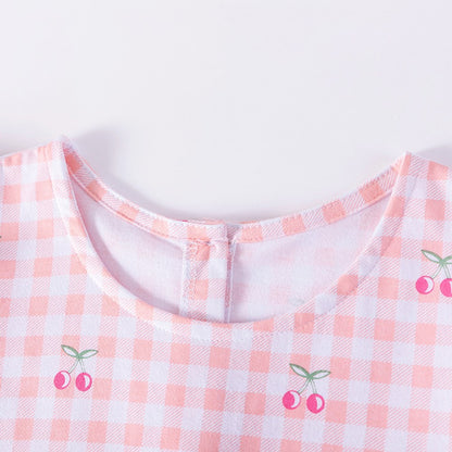 Cherry and Plaid Pattern Fly Sleeves Dress for Stylish Girls