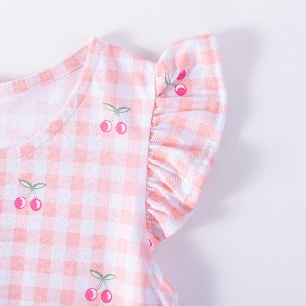 Cherry and Plaid Pattern Fly Sleeves Dress for Stylish Girls
