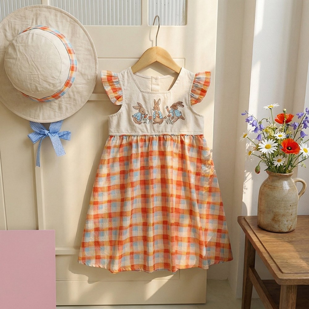 Baby Girls Fly Sleeves Cartoon and Plaid Pattern Dress