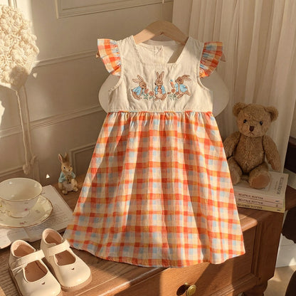 Baby Girls Fly Sleeves Cartoon and Plaid Pattern Dress