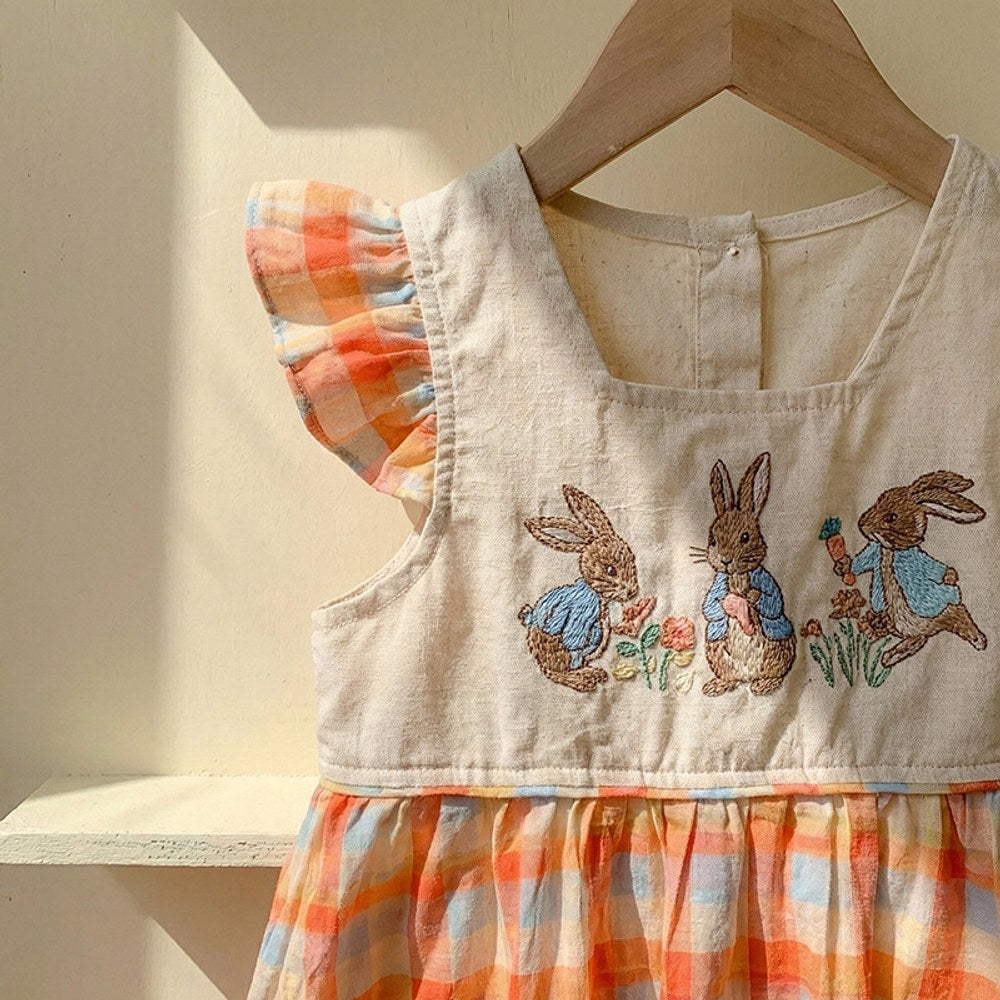 Baby Girls Fly Sleeves Cartoon and Plaid Pattern Dress