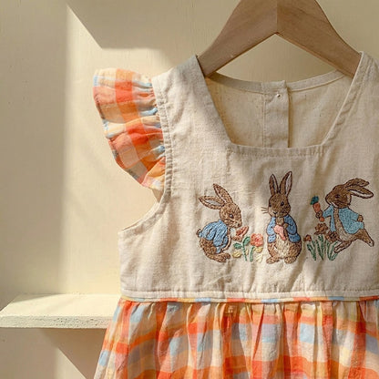 Baby Girls Fly Sleeves Cartoon and Plaid Pattern Dress