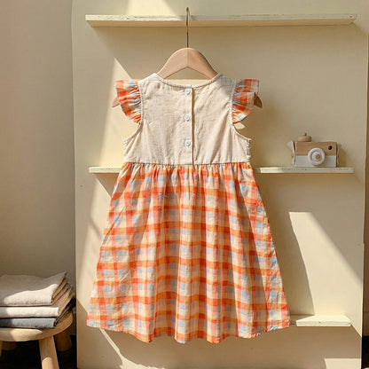 Baby Girls Fly Sleeves Cartoon and Plaid Pattern Dress
