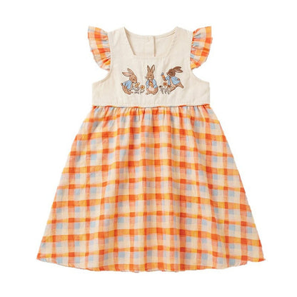Baby Girls Fly Sleeves Cartoon and Plaid Pattern Dress