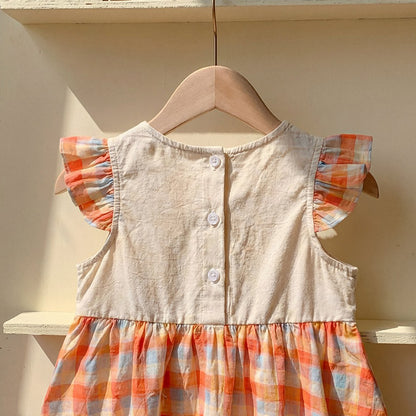 Baby Girls Fly Sleeves Cartoon and Plaid Pattern Dress