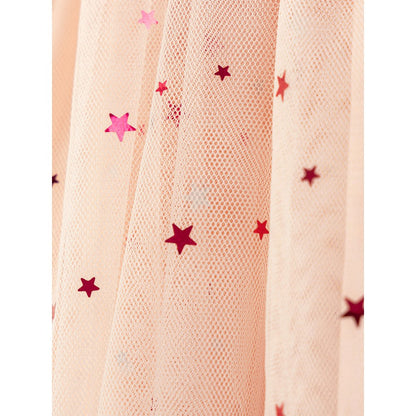 Cartoon and Stars Pattern Short Sleeves Crew Neck Dress for Stylish Girls
