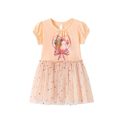Cartoon and Stars Pattern Short Sleeves Crew Neck Dress for Stylish Girls