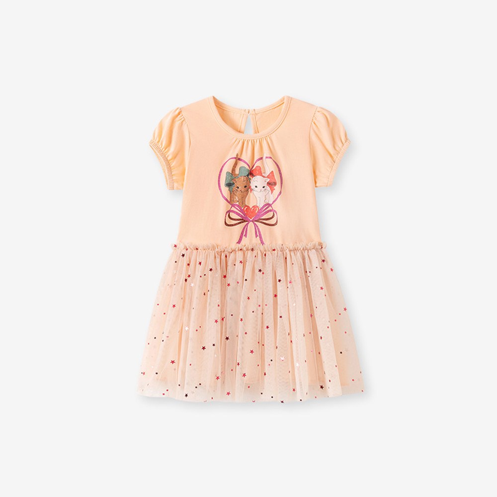 Cartoon and Stars Pattern Short Sleeves Crew Neck Dress for Stylish Girls