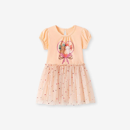 Cartoon and Stars Pattern Short Sleeves Crew Neck Dress for Stylish Girls