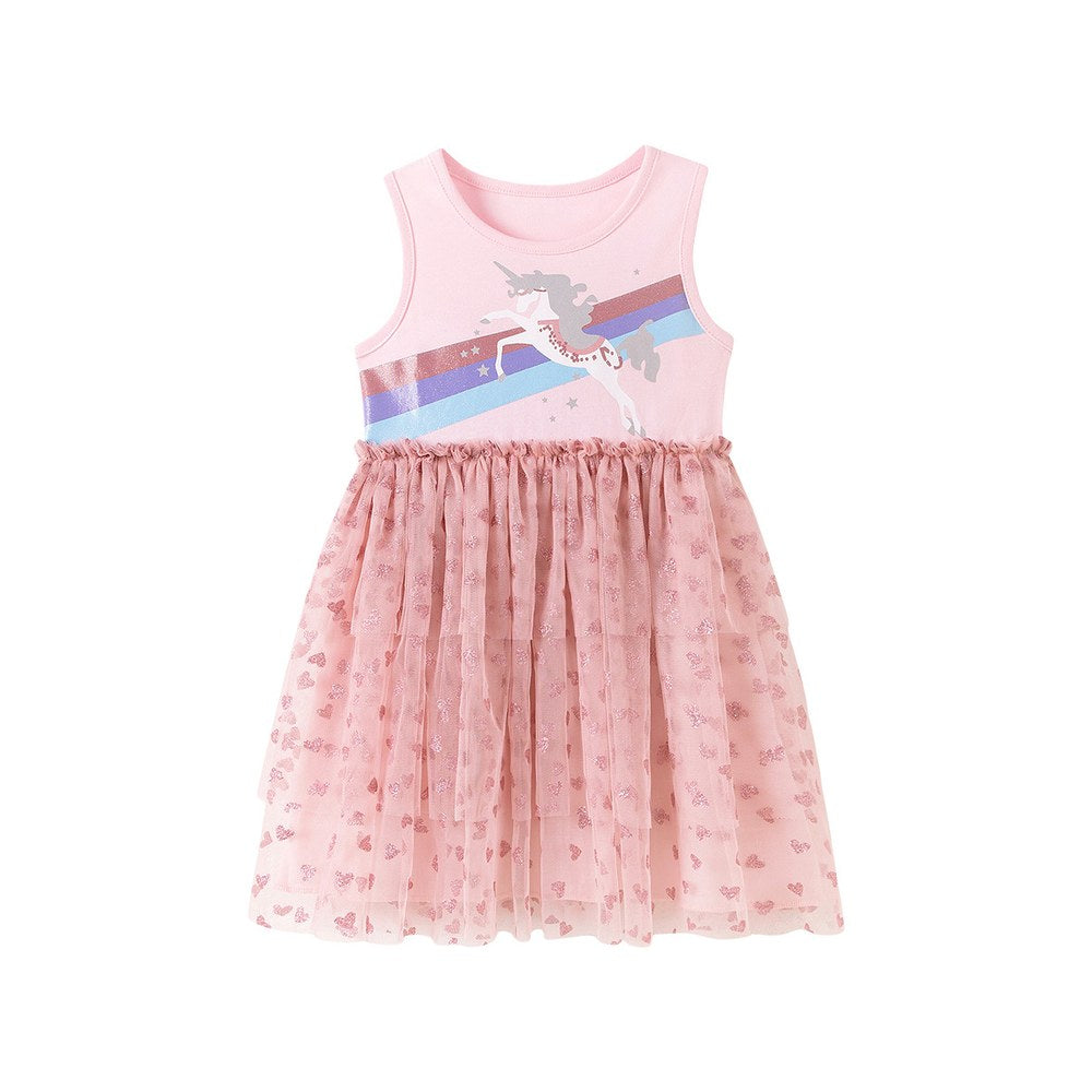 Cartoon and Stars Pattern Sleeveless Crew Neck Dress for Stylish Girls
