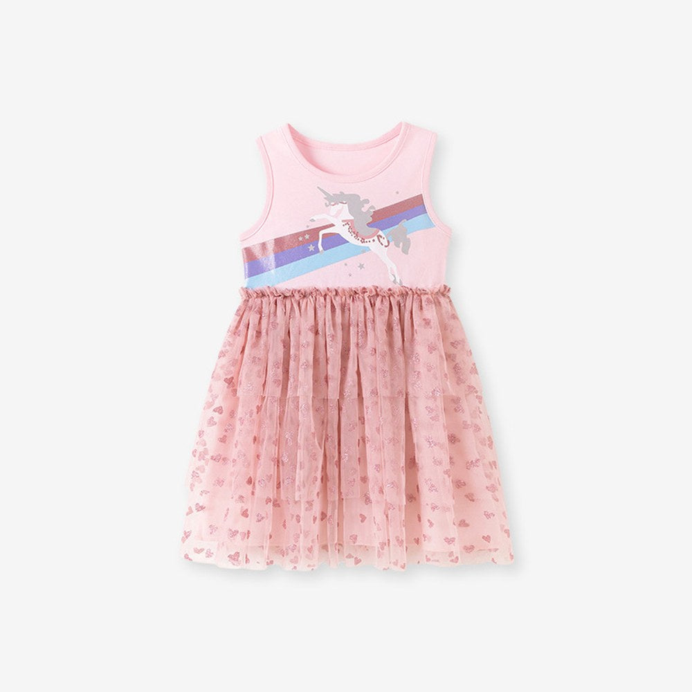 Cartoon and Stars Pattern Sleeveless Crew Neck Dress for Stylish Girls
