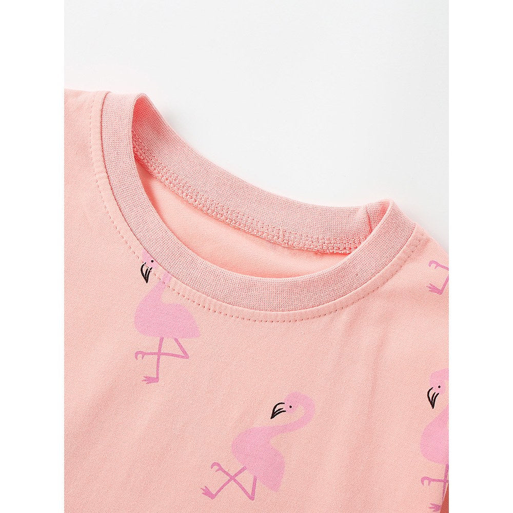 Cartoon Birds Pattern Short Sleeves Crew Neck Dress for Stylish Girls