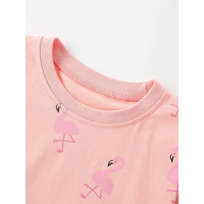 Cartoon Birds Pattern Short Sleeves Crew Neck Dress for Stylish Girls