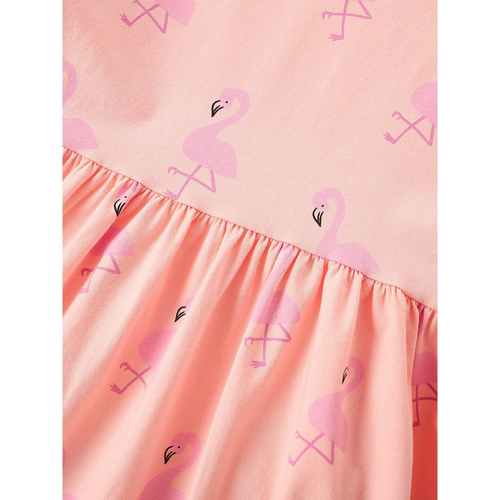 Cartoon Birds Pattern Short Sleeves Crew Neck Dress for Stylish Girls