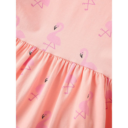 Cartoon Birds Pattern Short Sleeves Crew Neck Dress for Stylish Girls