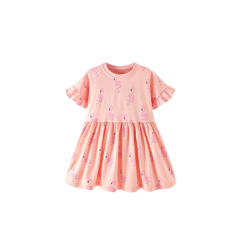 Cartoon Birds Pattern Short Sleeves Crew Neck Dress for Stylish Girls