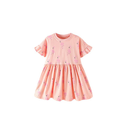 Cartoon Birds Pattern Short Sleeves Crew Neck Dress for Stylish Girls