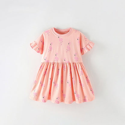 Cartoon Birds Pattern Short Sleeves Crew Neck Dress for Stylish Girls