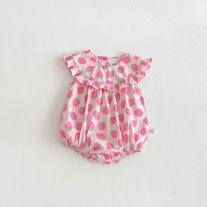Baby Kids Girls Sleeveless Strawberry Pattern Bodysuit