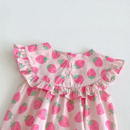 Baby Kids Girls Sleeveless Strawberry Pattern Bodysuit