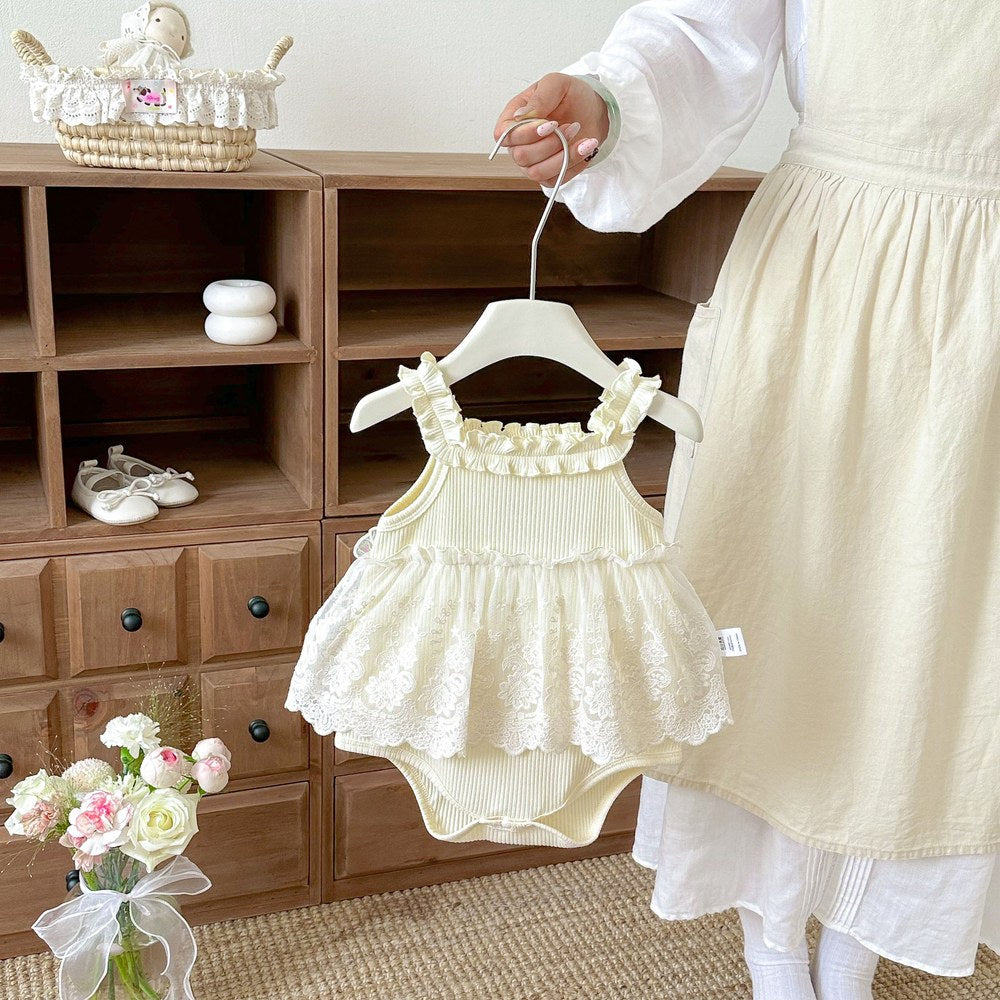 Baby Kids Girls Sleeveless Flowers Pattern Solid Color Bodysuit
