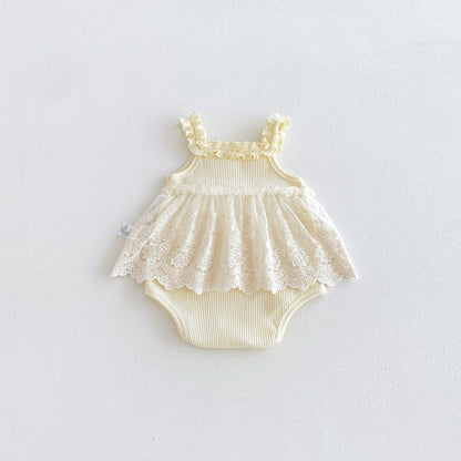 Baby Kids Girls Sleeveless Flowers Pattern Solid Color Bodysuit
