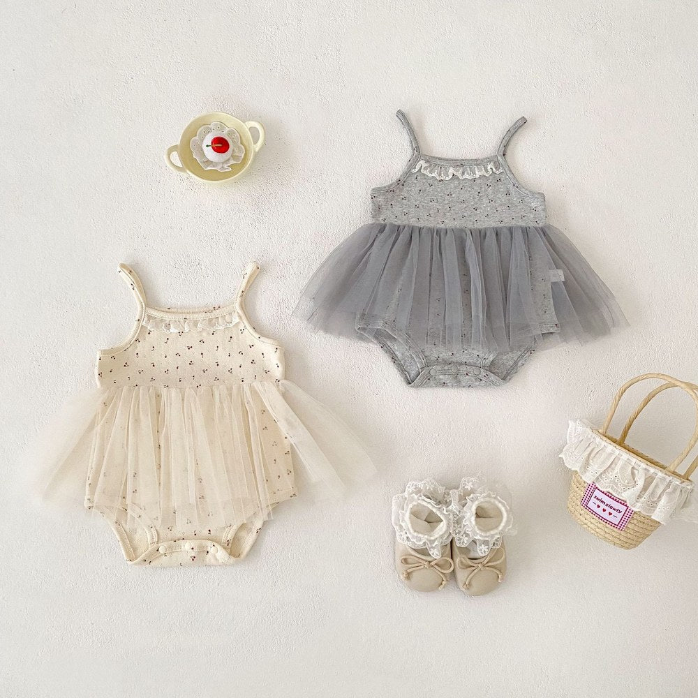 Baby Kids Girls Sleeveless Cherry Pattern Tulle Patchwork Bodysuit