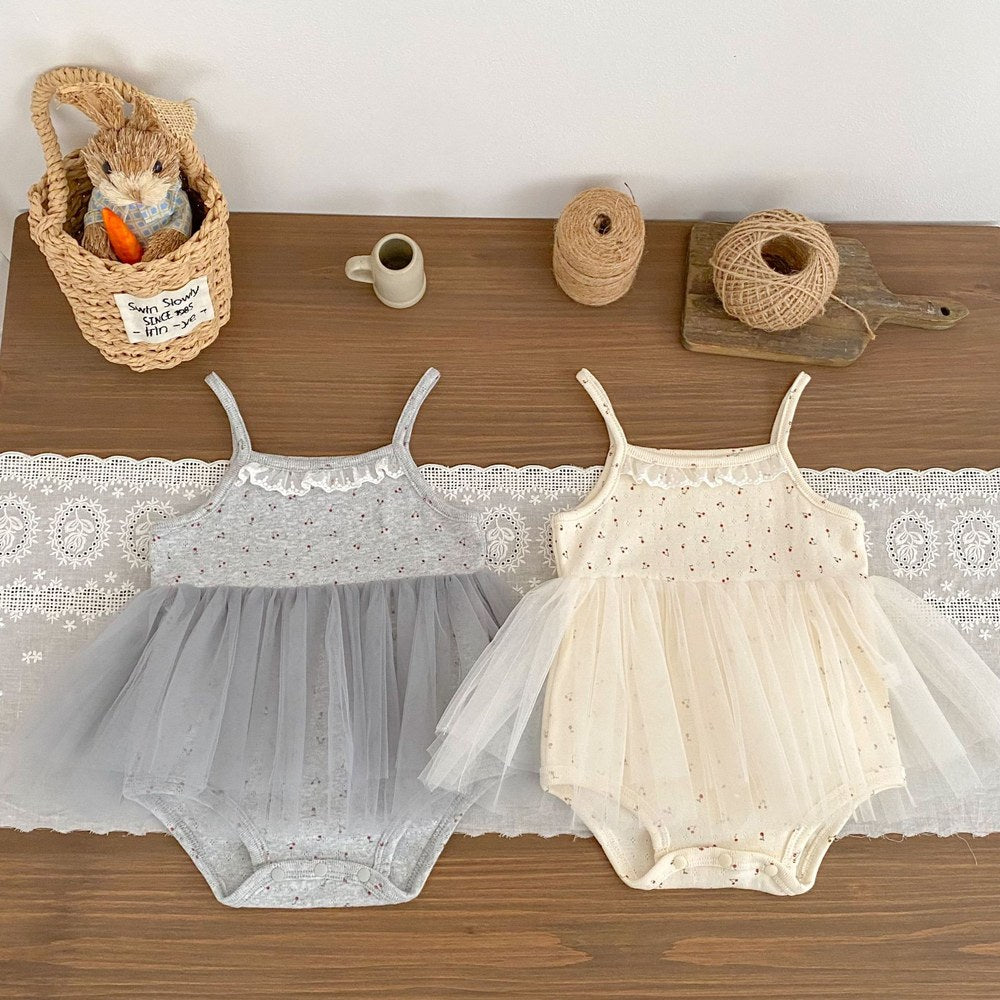 Baby Kids Girls Sleeveless Cherry Pattern Tulle Patchwork Bodysuit