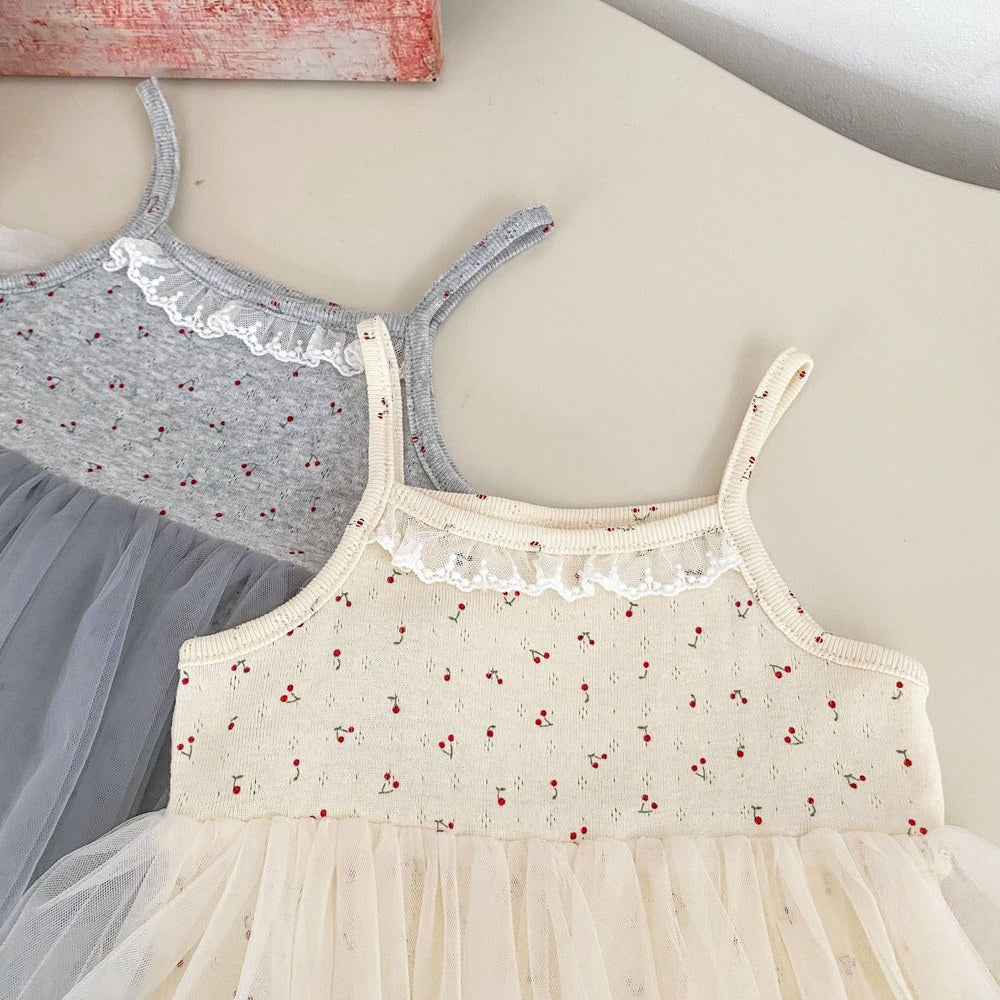 Baby Kids Girls Sleeveless Cherry Pattern Tulle Patchwork Bodysuit