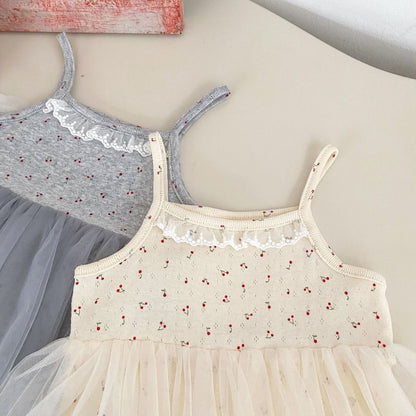Baby Kids Girls Sleeveless Cherry Pattern Tulle Patchwork Bodysuit