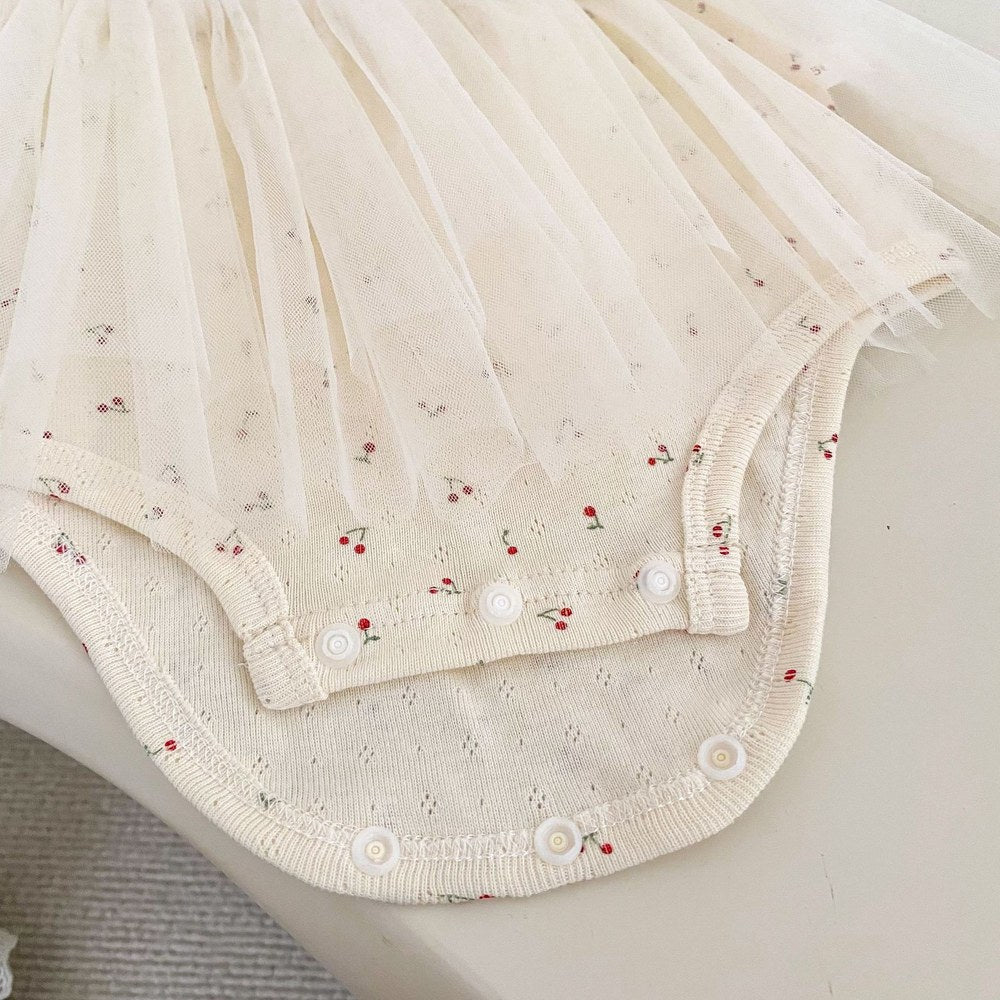Baby Kids Girls Sleeveless Cherry Pattern Tulle Patchwork Bodysuit