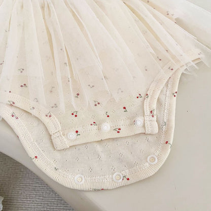 Baby Kids Girls Sleeveless Cherry Pattern Tulle Patchwork Bodysuit