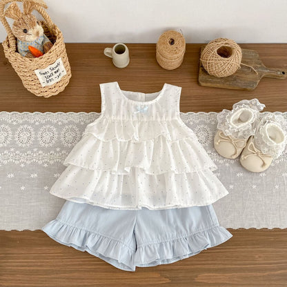 Baby Kids Girls Sleeveless Dots Pattern Top and Blue Shorts 2-Piece Clothing Set