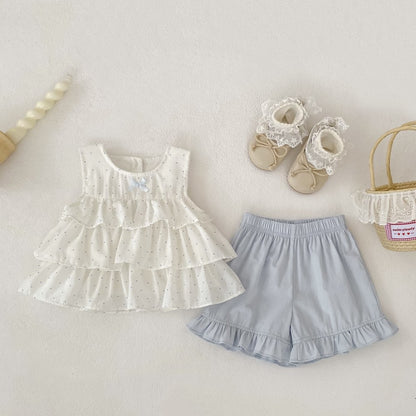 Baby Kids Girls Sleeveless Dots Pattern Top and Blue Shorts 2-Piece Clothing Set