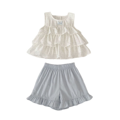 Baby Kids Girls Sleeveless Dots Pattern Top and Blue Shorts 2-Piece Clothing Set