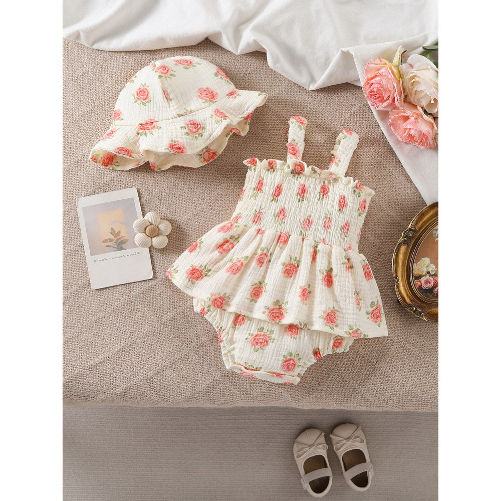 Baby Kids Girls Sleeveless Flowers Pattern Bodysuit with Hat