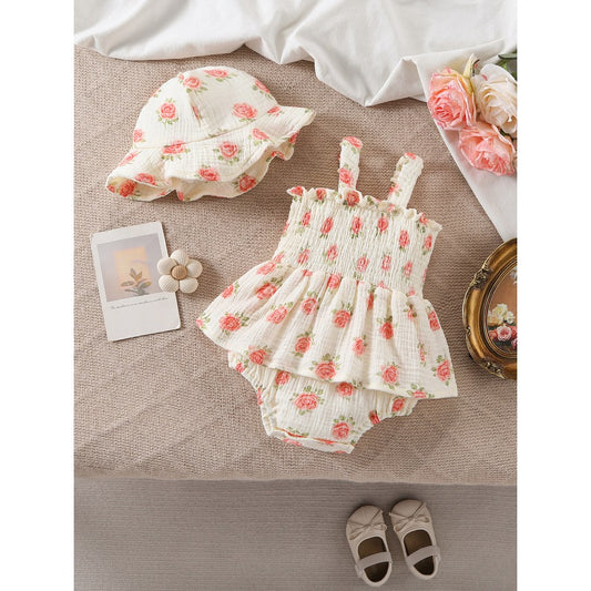 Baby Kids Girls Sleeveless Flowers Pattern Bodysuit with Hat